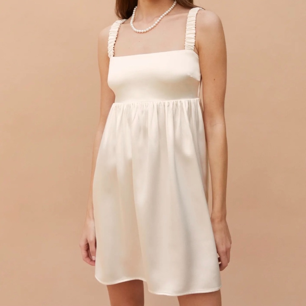 White Smocked Tiered Mini Dress - Reformation White Satin Dress